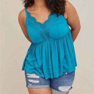 Torrid Crochet Babydoll Tank Crinkle Gauze Teal Blue Womens Size Large Torrid 00